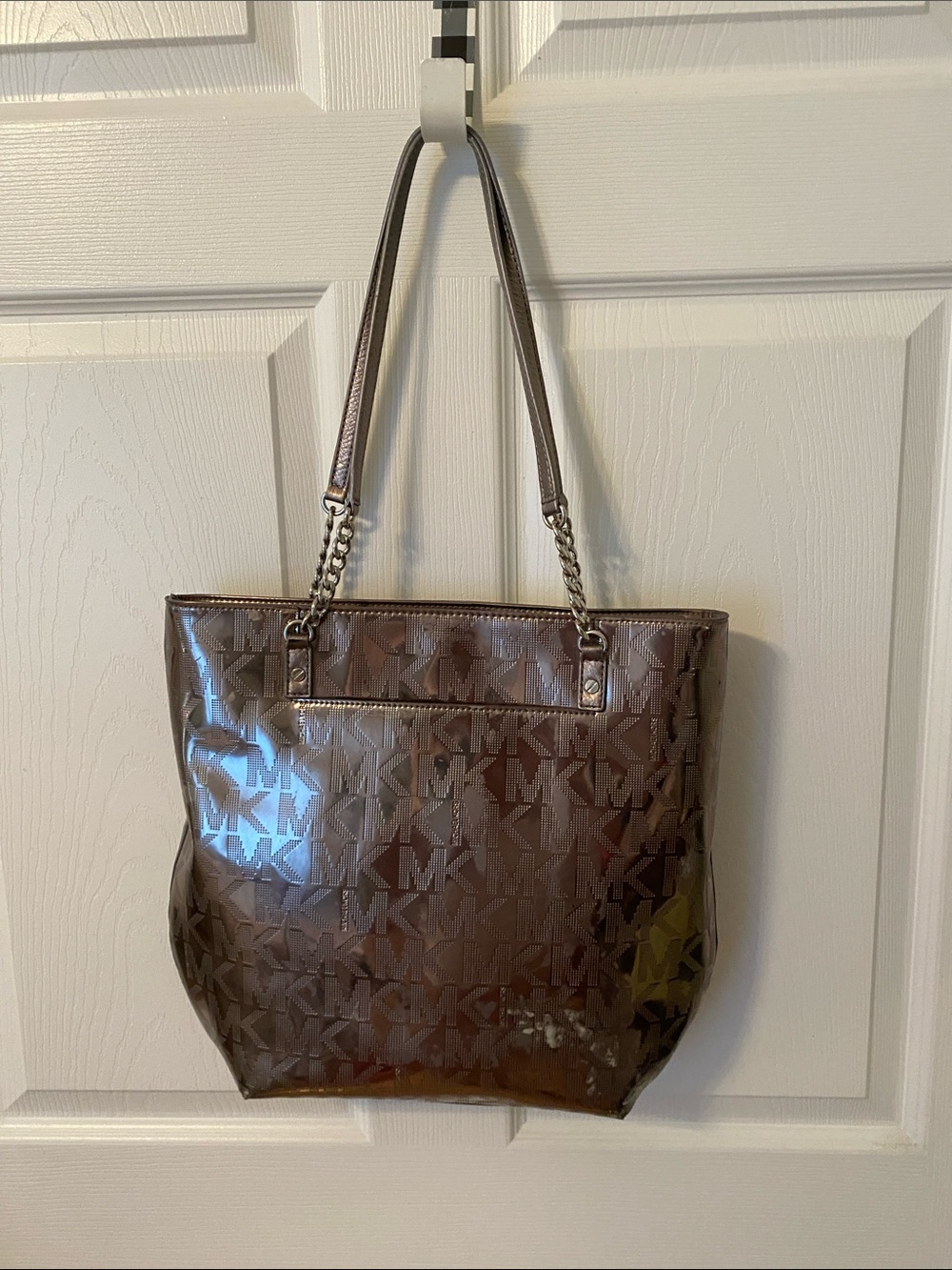Michael Kors Brown Patent MK Logo Tote with Chain-Strap